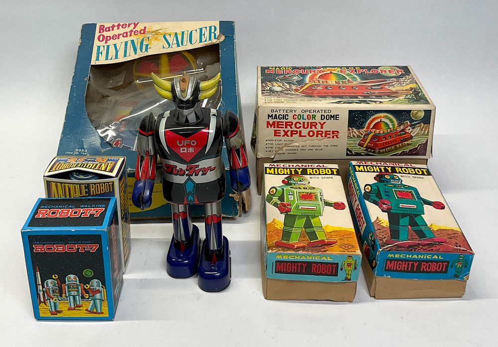 Lot 94: 7 - Vintage Japanese Tin and Plastic Space Toys, Including Popy Grendizer and TPS Mercury Explorer,