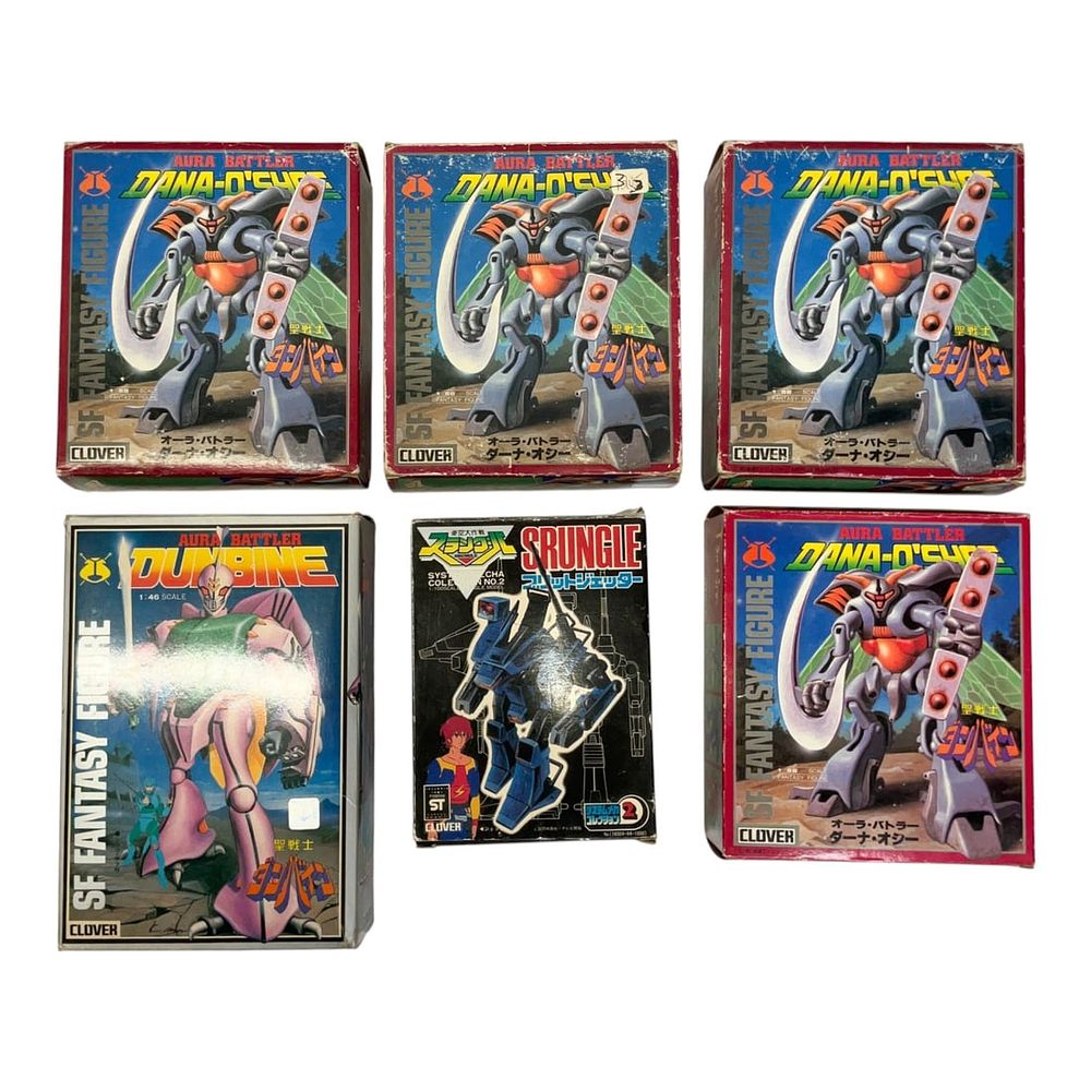 Lot 97: 6 - Clover Aura Battler Dunbine and Srungle Mecha Figure Collection, c. 1983