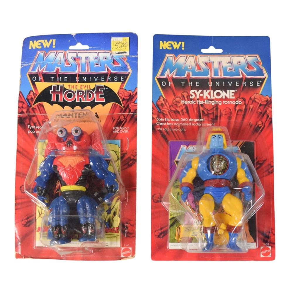 Lot 214: Mattel Masters of the Universe Mantenna and Sy-Klone Action Figures in Original Packaging, 1984