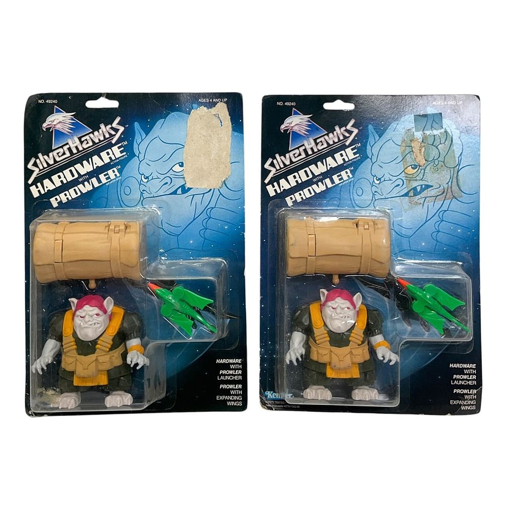 Lot 205: 2 - Kenner SilverHawks Hardware Action Figures with Prowler Weapon Birds, Factory Sealed, 1987