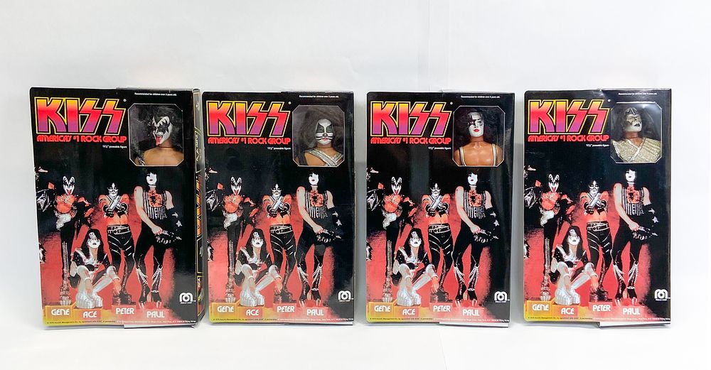 Lot 38: 4 Mego 1977 KISS 12.5-Inch Poseable Action Figure Set with Reproduction Boxes