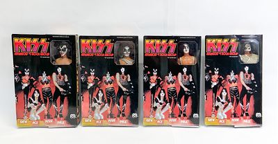 4 Mego 1977 KISS 12.5-Inch Poseable Action Figure Set with Reproduction Boxes. Group of four 
