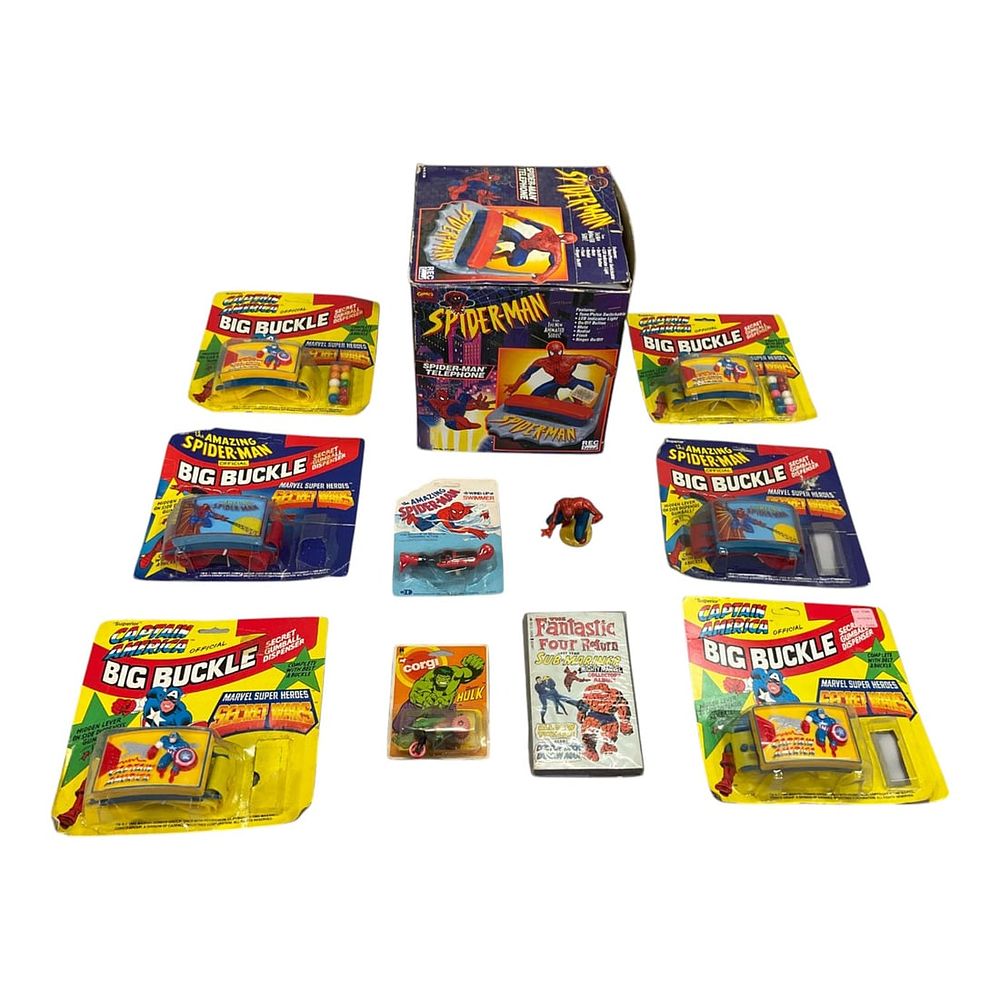 Lot 194: 10 Marvel Comics Vintage Character Toy and Collectible Lot, Spider-Man and Captain America,