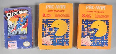 3 Vintage Atari & Nintendo Video Game Boxes Superman & Pac-Man. Three vintage video game boxes 