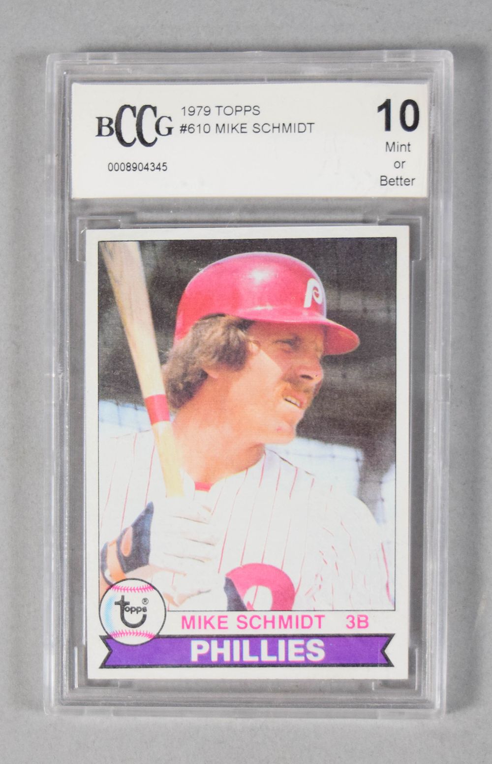 Lot 323: 1979 Topps Mike Schmidt Baseball Card No. 610, BCCG 10 Mint or Better