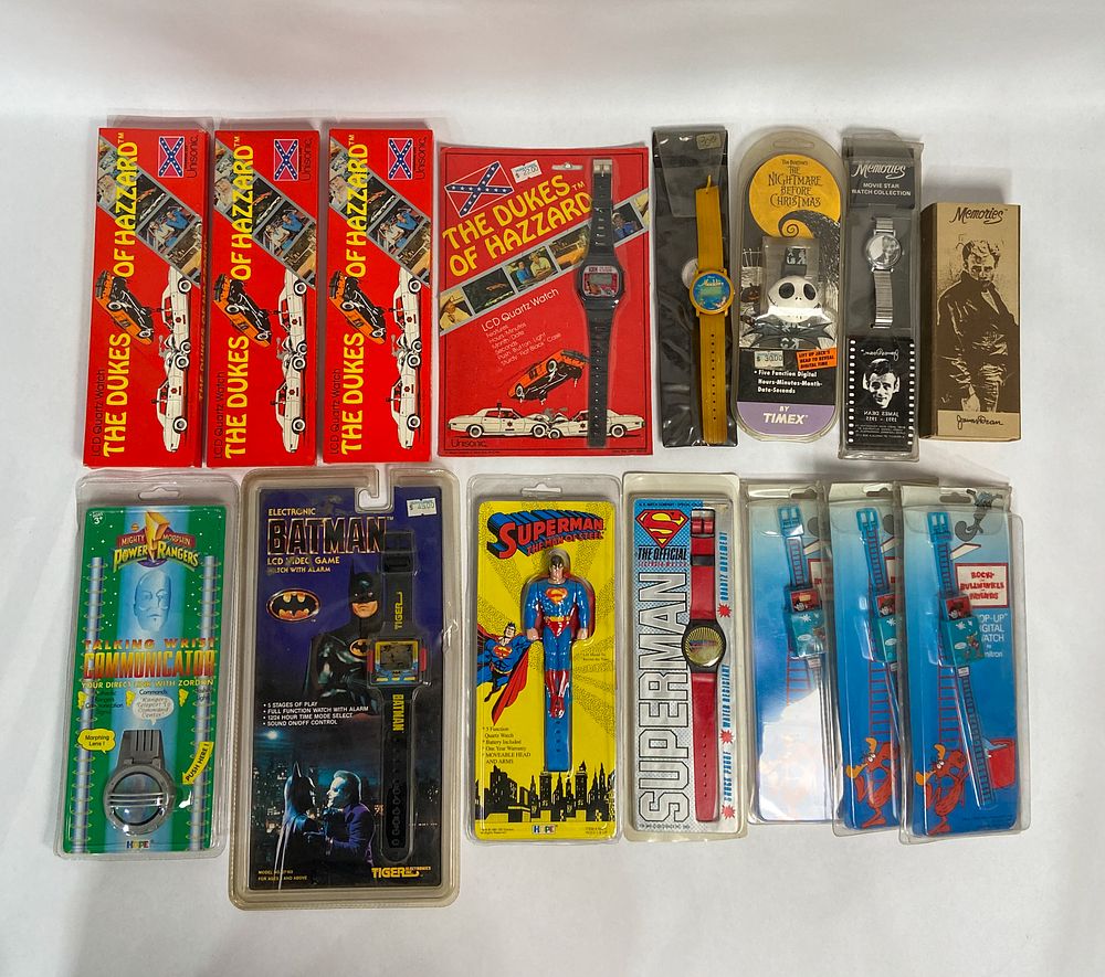 Lot 201: 16 Vintage Character Watches Incl Batman LCD Video Game Watch 1981-1995