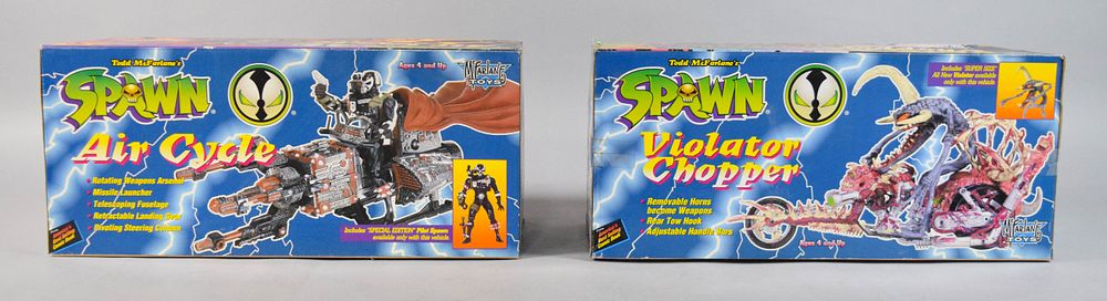 Lot 237: 2 Spawn Air Cycle and Violator Chopper Boxed Vehicle Sets c. 1996
