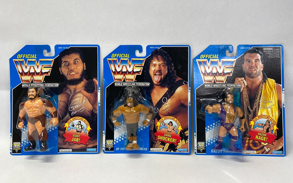 Lot 361: 3 Factory-Sealed Hasbro WWF Real Wrestling Action Figures (Giant Gonzalez, Samu, Razor Ramon) 1993-1994