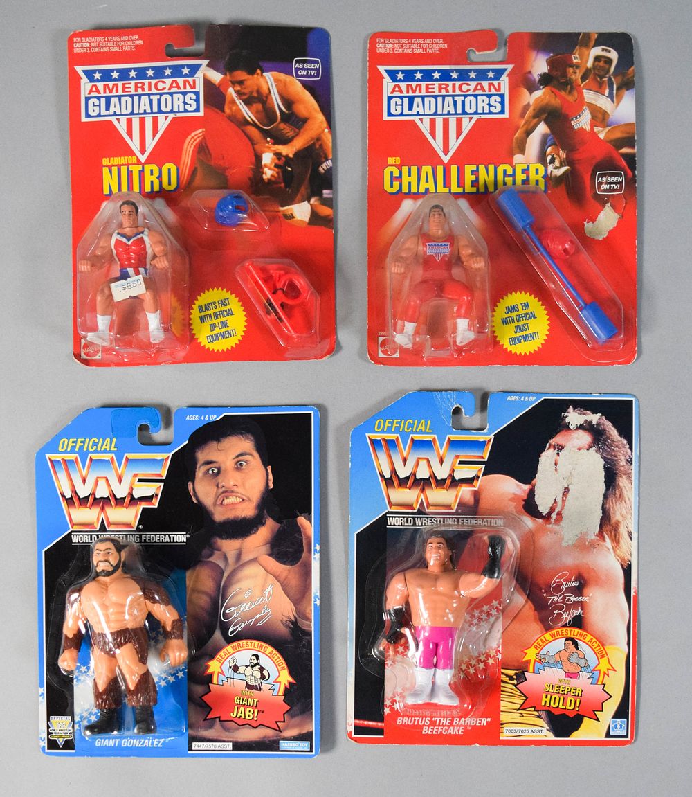 Lot 363: 4 Vintage Mattel American Gladiators and Hasbro WWF Carded Action Figures