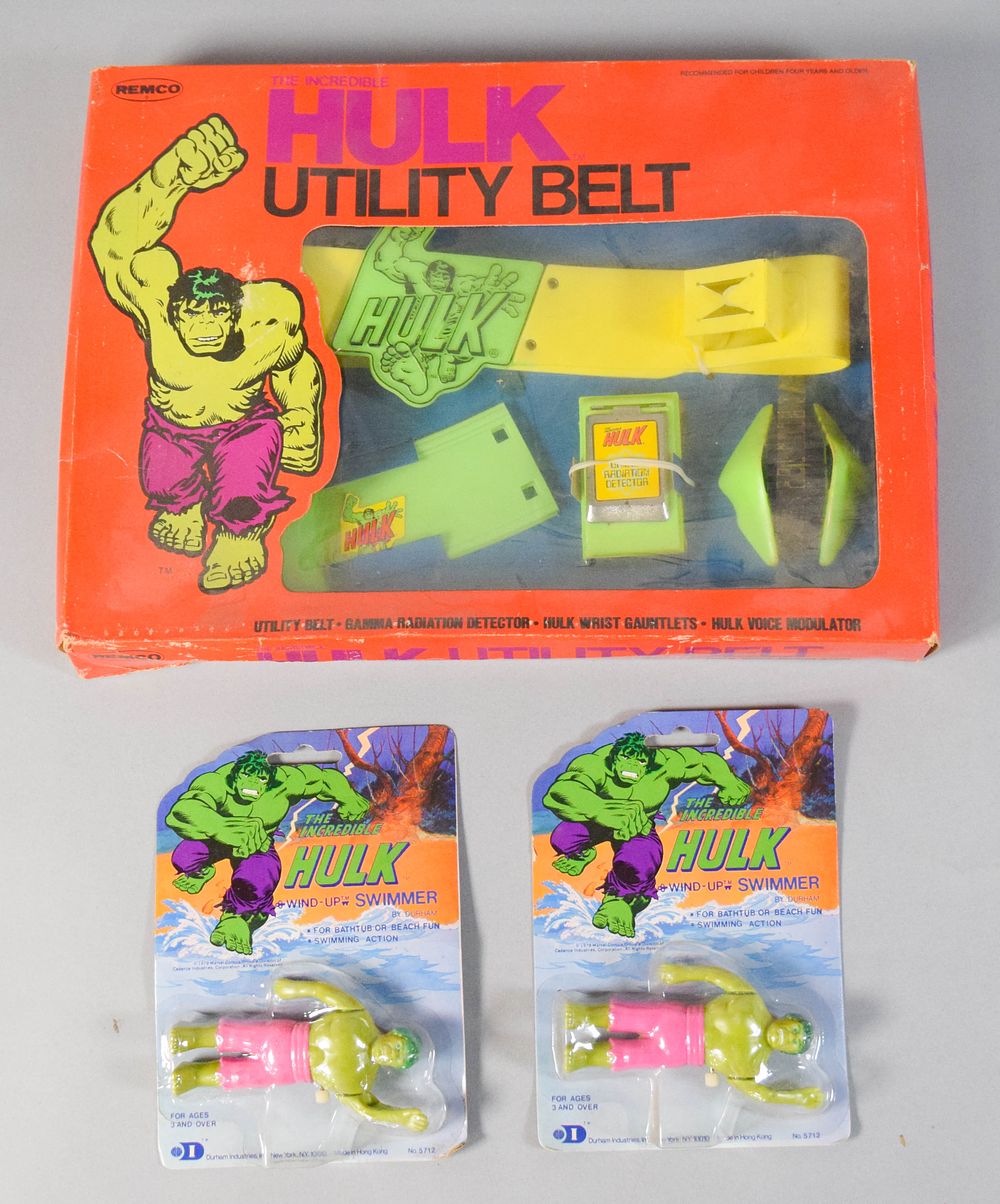 Lot 230: 3 Vintage Marvel Comics The Incredible Hulk Toys by Remco and Durham Industries