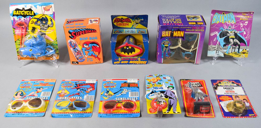 Lot 184: 11 Vintage DC Comics Superhero Toys and Collectibles c. 1970s