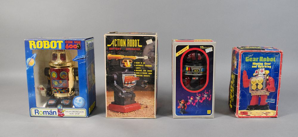 Lot 196: 4 Vintage Battery-Operated and Wind-Up Toy Robots in Original Boxes