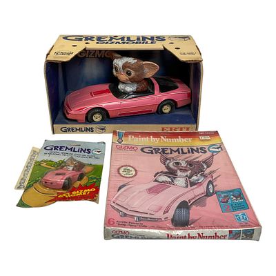 Vintage ERTL Gremlins Gizmobile, Paint by Number, and Nelsonic Stick-On Clock. Collection of 