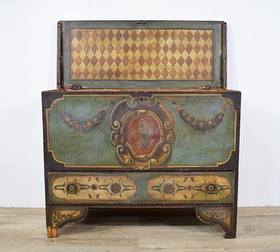 Painted Blanket Chest with Drawer. Hand-painted blanket chest with lower drawer. Underside of 
