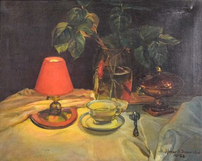 Lot 1 - Homer S. Trecartin Oil on Canvas Still Life with Red Lamp
