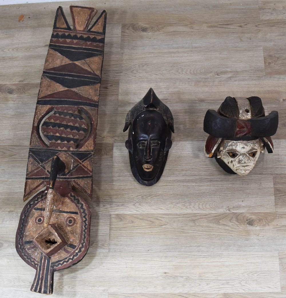 Lot 189: 3 African Wood Carvings Incl Bobo Plaque and Baoule and Fang Style Masks