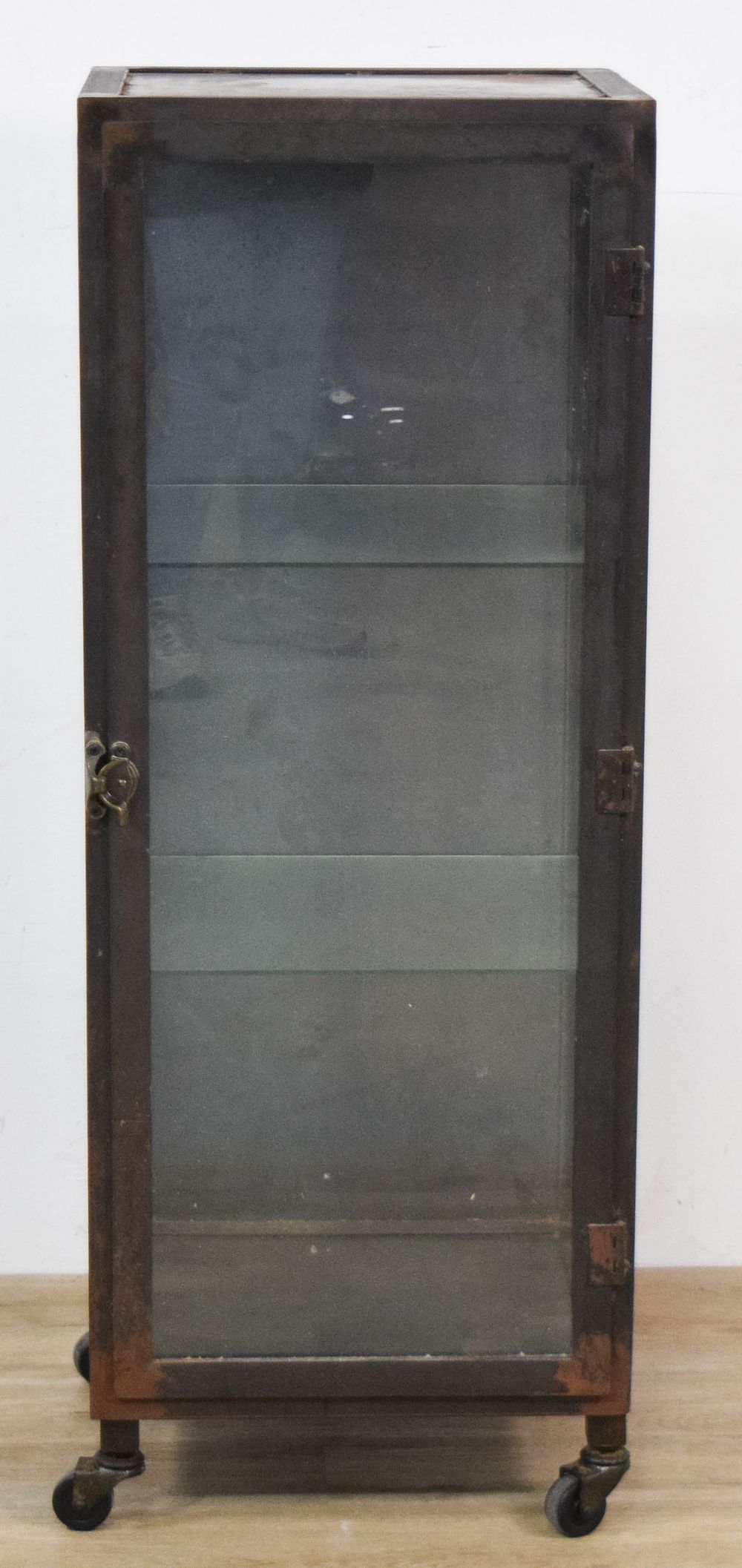 Lot 378: Industrial Metal and Glass Display Cabinet on Casters