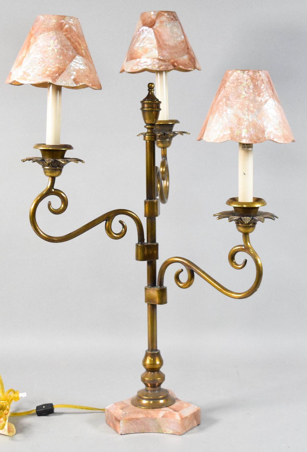Lot 383: Three-Light Candelabra Table Lamp with Mother-of-Pearl Shell Inlay
