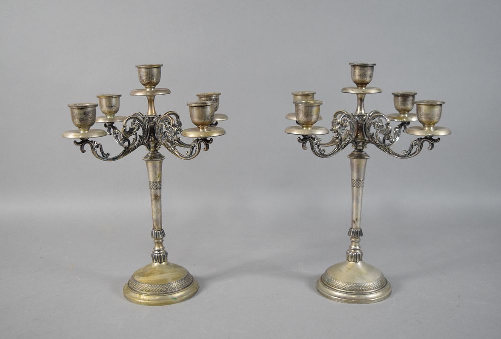 Lot 235: Pair of Italian 800 Silver Five-Light Candelabra