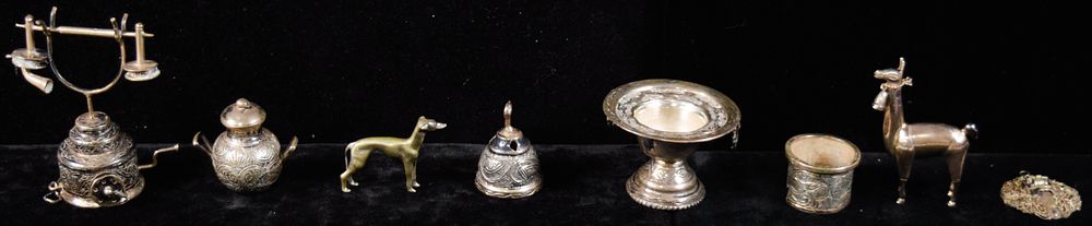 Lot 249: Group of 8 Silver and Coin Silver Miniature Decorative Items