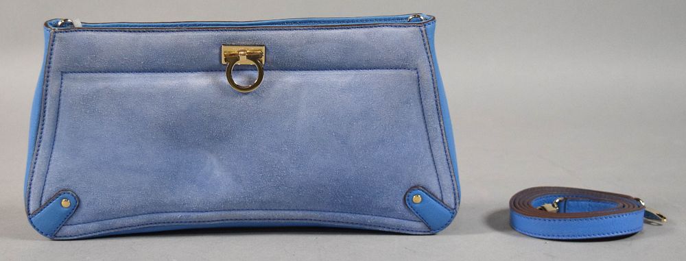 Lot 332: Ferragamo Blue Suede Gancini Shoulder Bag
