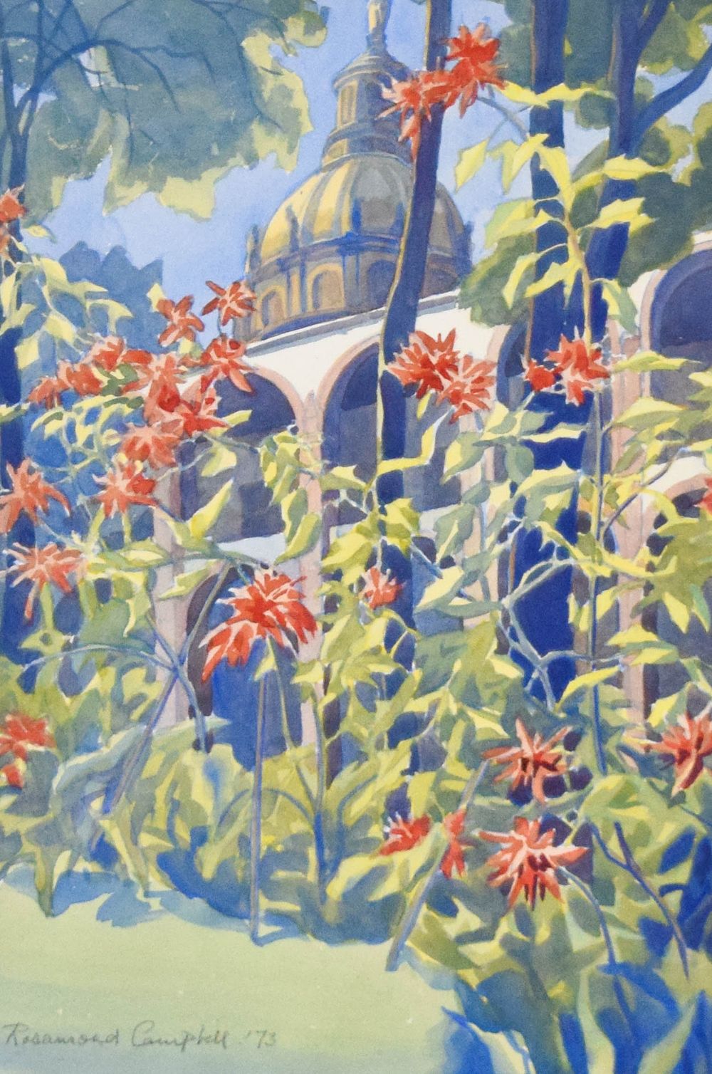 Lot 221: Rosamond Campbell Watercolor on Paper Garden Scene with Domed Building