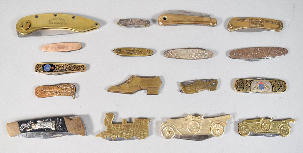 Lot 292: Collection of 17 Assorted Novelty and Promotional Pocket Knives