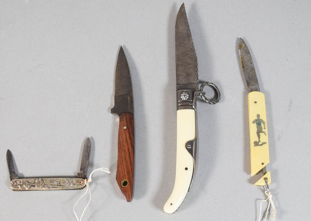 Lot 282: Assortment of 4 Knives Incl Orvis and Damascus Examples