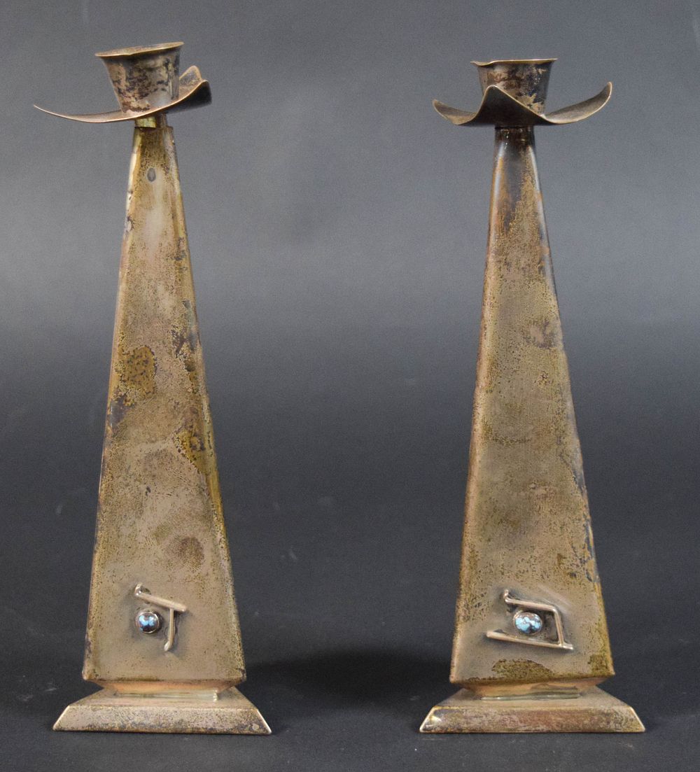 Lot 241: Pair of Modernist Kibbutz Tzora Sterling Silver and Turquoise Candlesticks