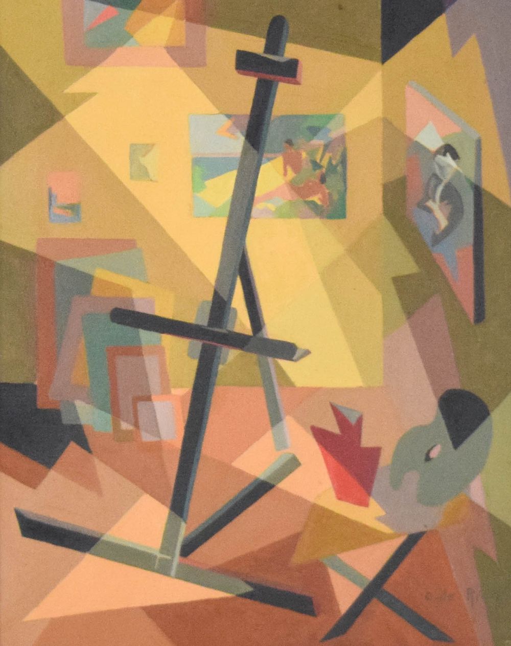 Lot 218: Modernist Cubist Watercolor and Gouache on Canvas