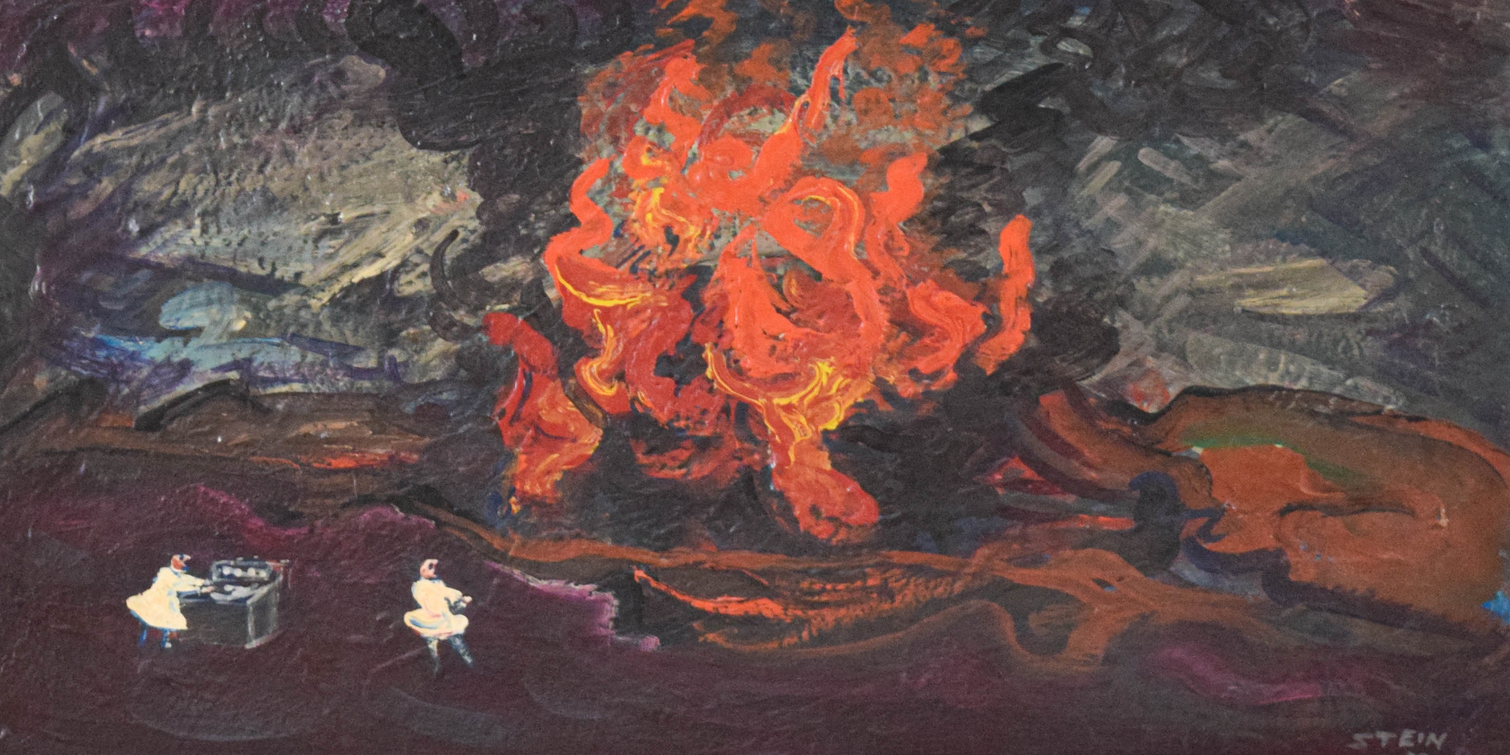 Philip Stein Oil on Board Fire Scene
