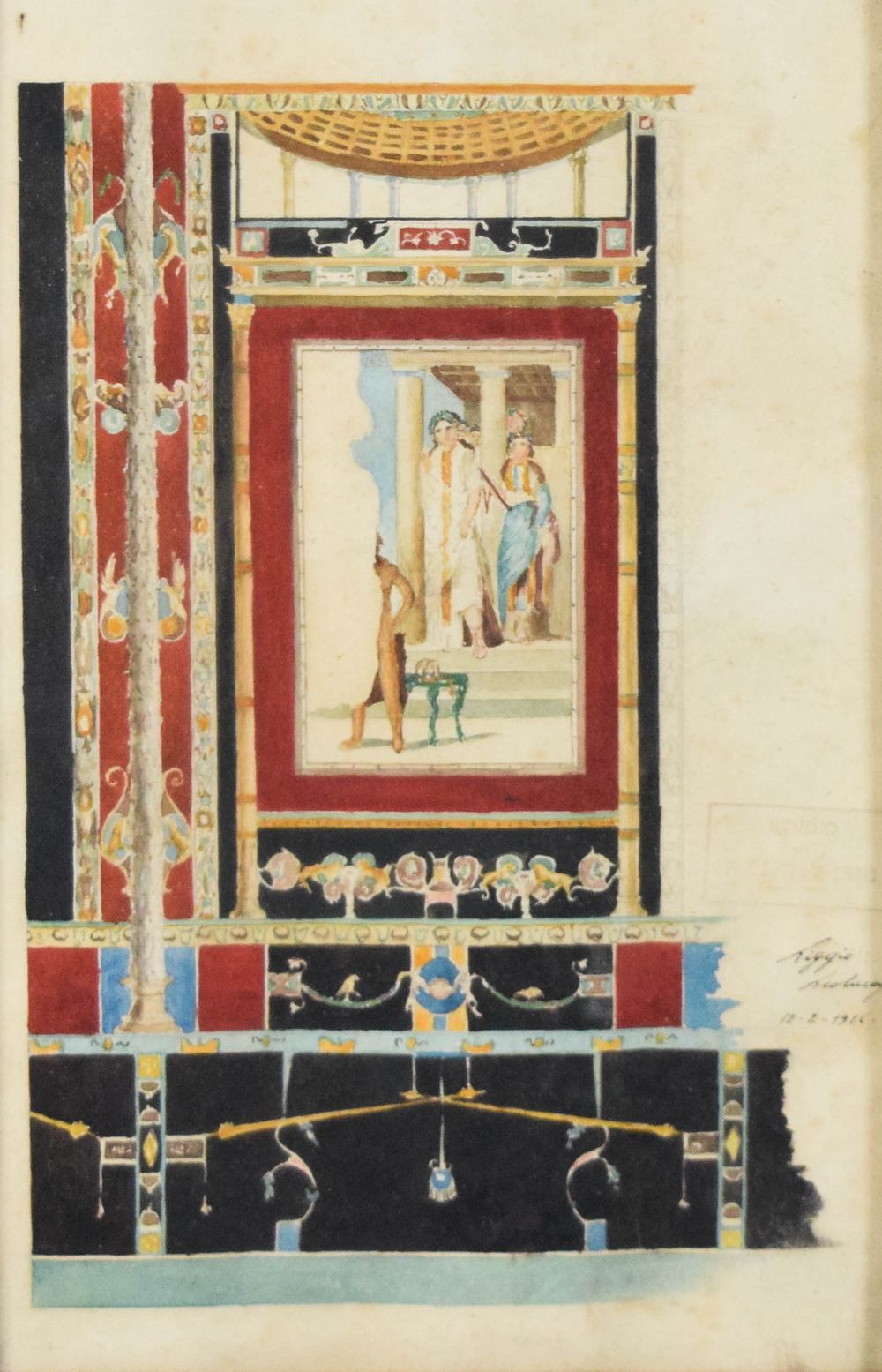Lot 232: Watercolor and Gouache Study of Roman Wall Decoration, 1916