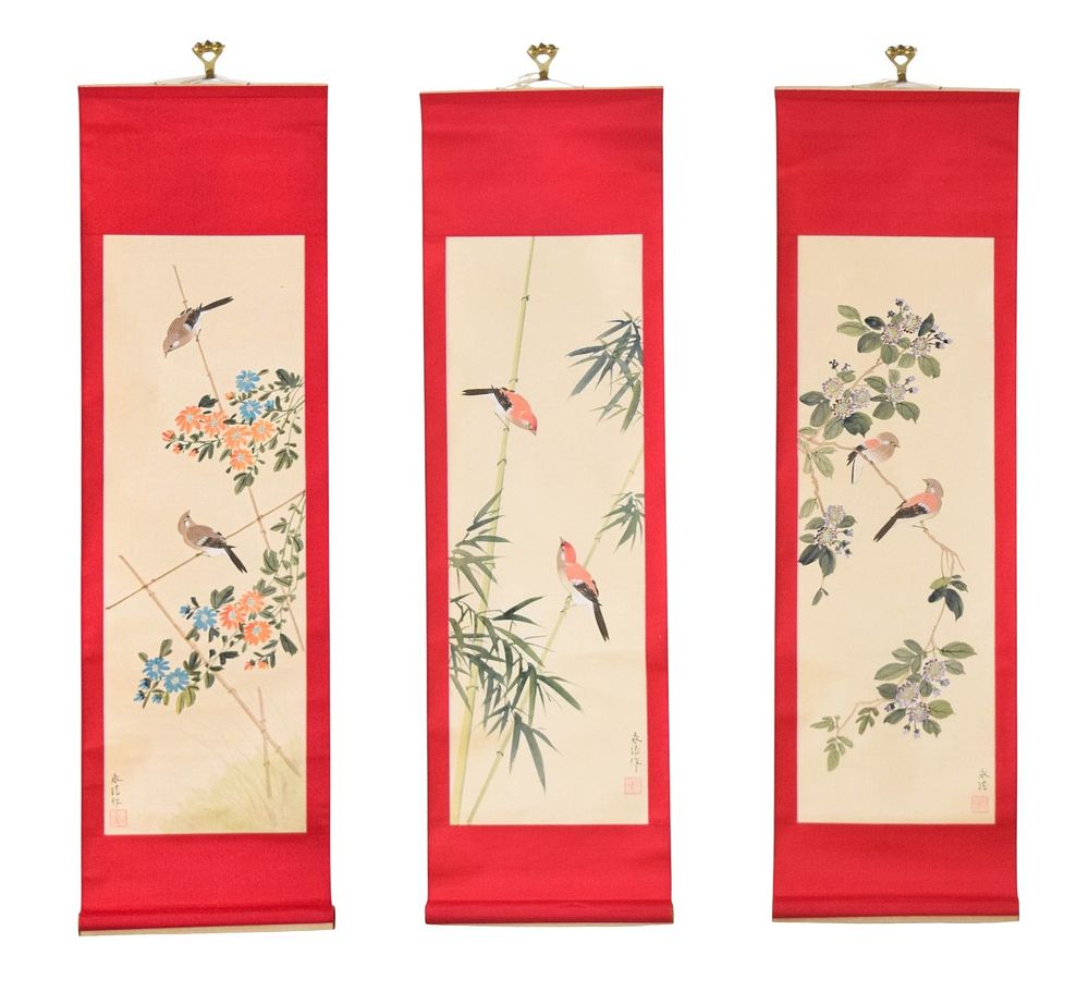 Lot 423: Group of 3 Chinese Hand-Painted Silk Hanging Scrolls