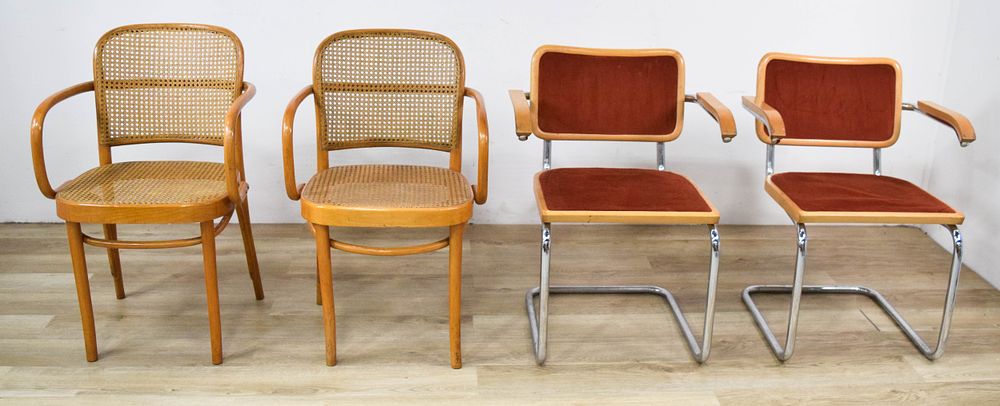 Lot 376: Group of 4 MCM Armchairs Incl Caned Bentwood and Cesca Style