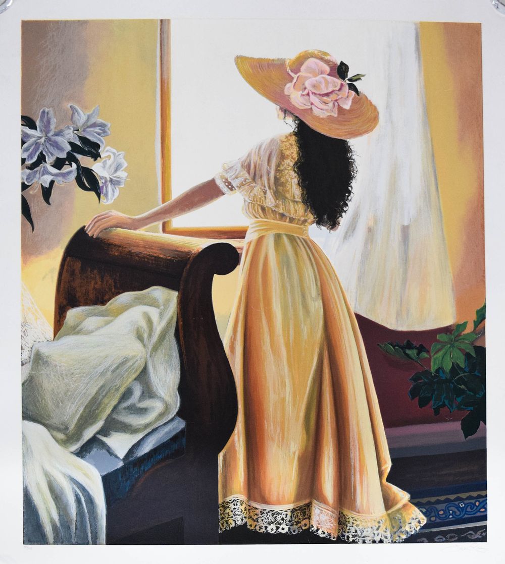 Lot 359: Susan Rios Screenprint Woman in Yellow Looking Out Window