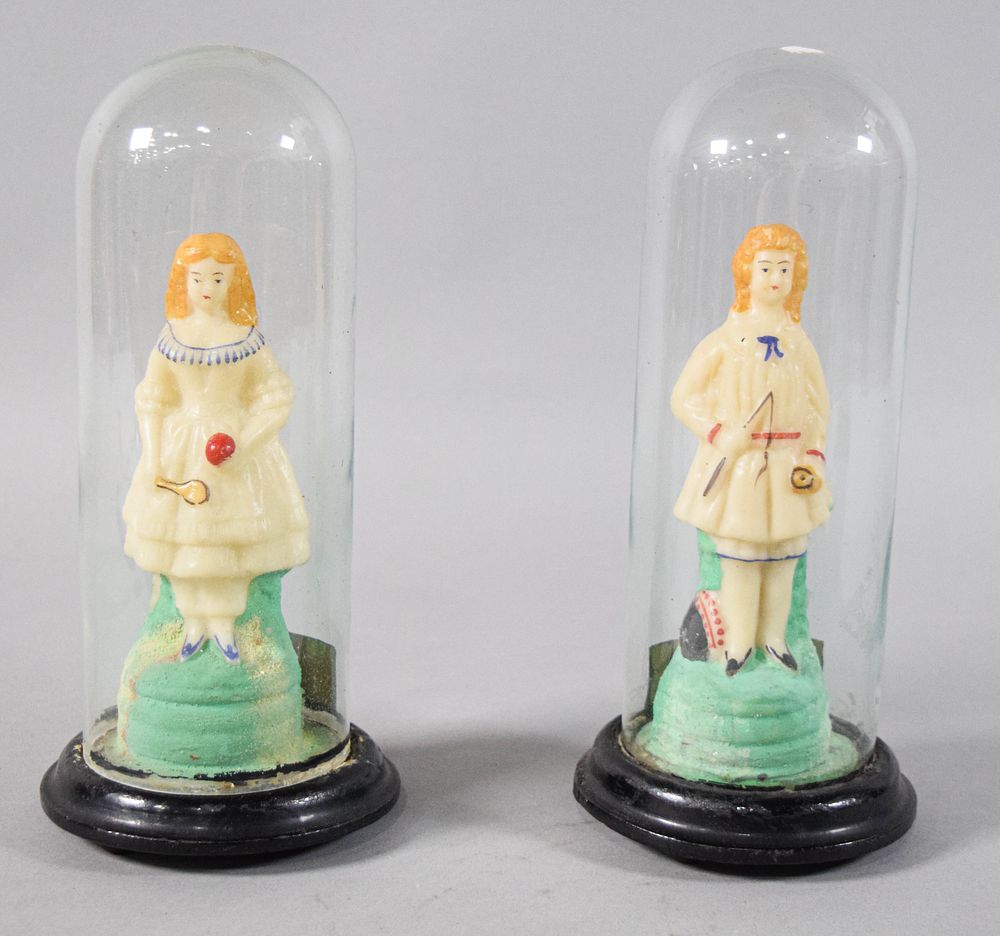 Lot 170: Pair of Victorian Style Hand-Painted Wax Figures Under Glass Cloches