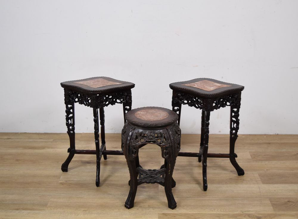 Lot 394: Group of 3 Chinese Marble Top Hardwood Pedestal Stands