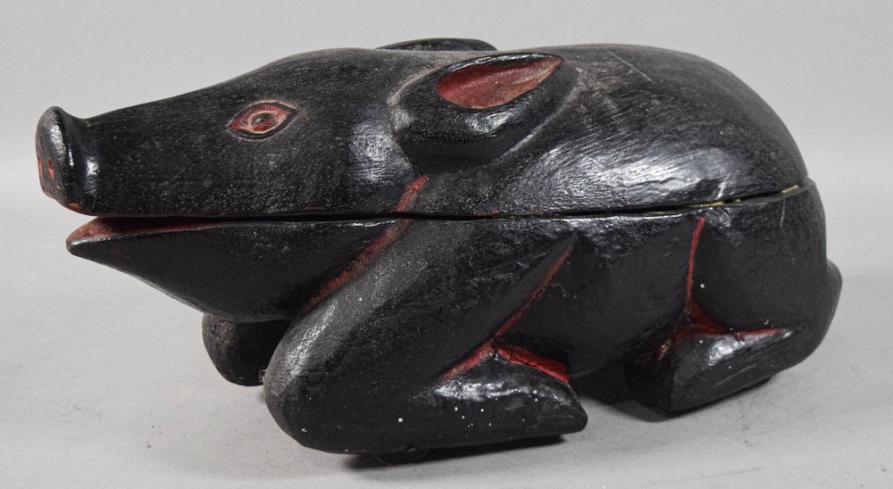 Lot 169: Large Hand-Carved Folk Art Pig Pull Toy and Lidded Box