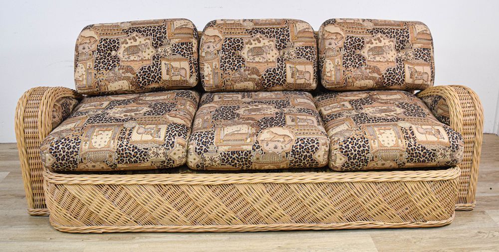 Lot 387: Wicker Three-Seater Sofa Attr to Jay Spectre for Century