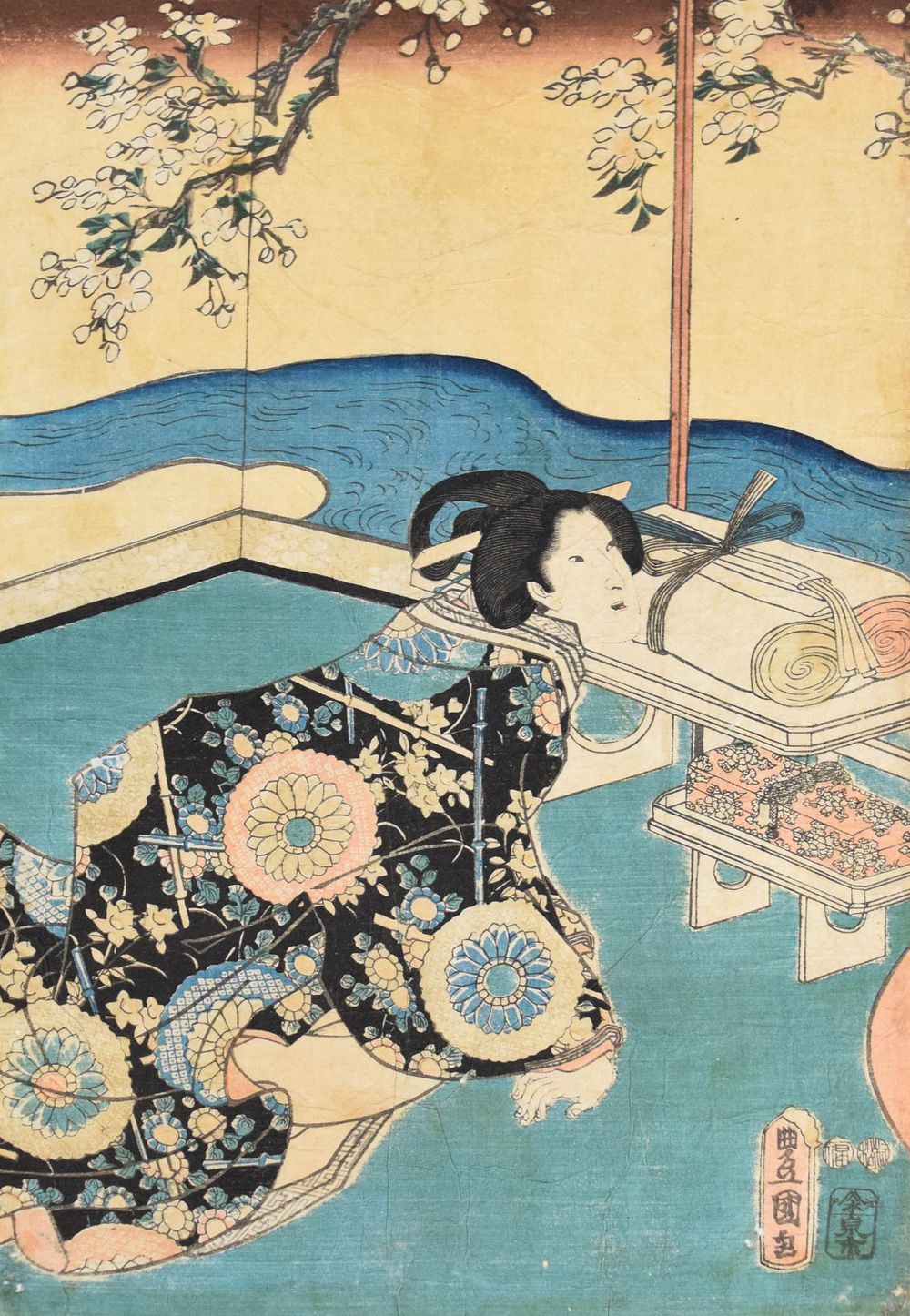 Lot 406: Utagawa Kunimaru (1794-1829), Japanese Woodblock Print of a Woman and Scrolls