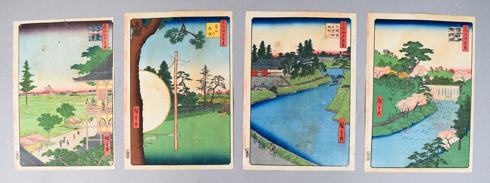Lot 418: 4 Utagawa Hiroshige Polychrome Woodblock Prints from the One Hundred Famous Views of Edo Series