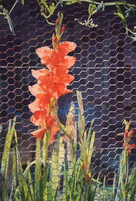 Karen Horn Watercolor Flowers on Fence. Karen Horn (American, b. 1946). Watercolor, flowers on 