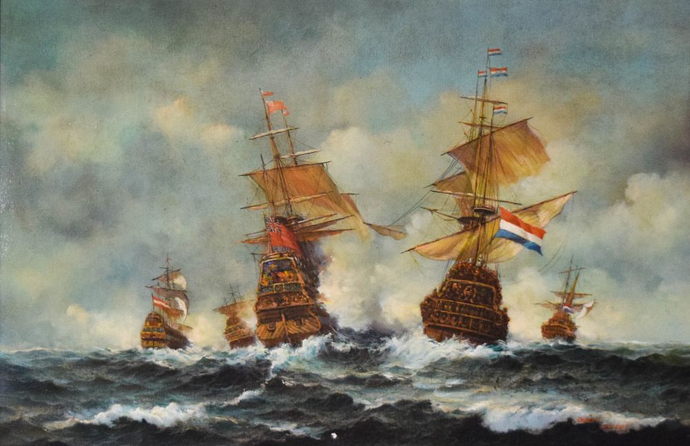 Lot 192: Robert Sanders Oil on Canvas Naval Engagement