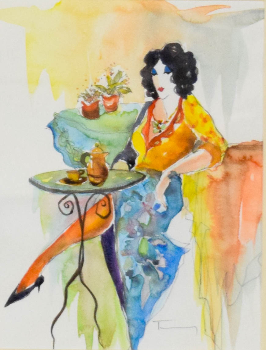 Itzchak Tarkay Watercolor Lady in Blue Skirt