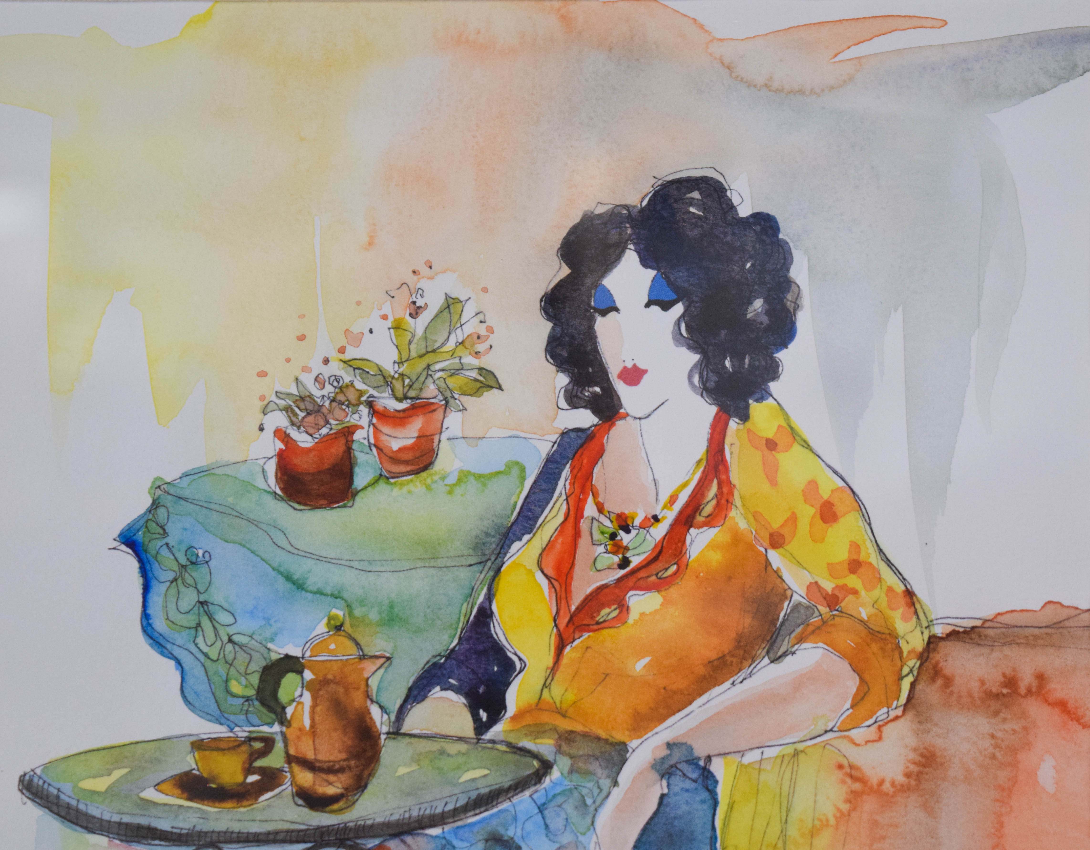 Itzchak Tarkay Watercolor Lady in Blue Skirt