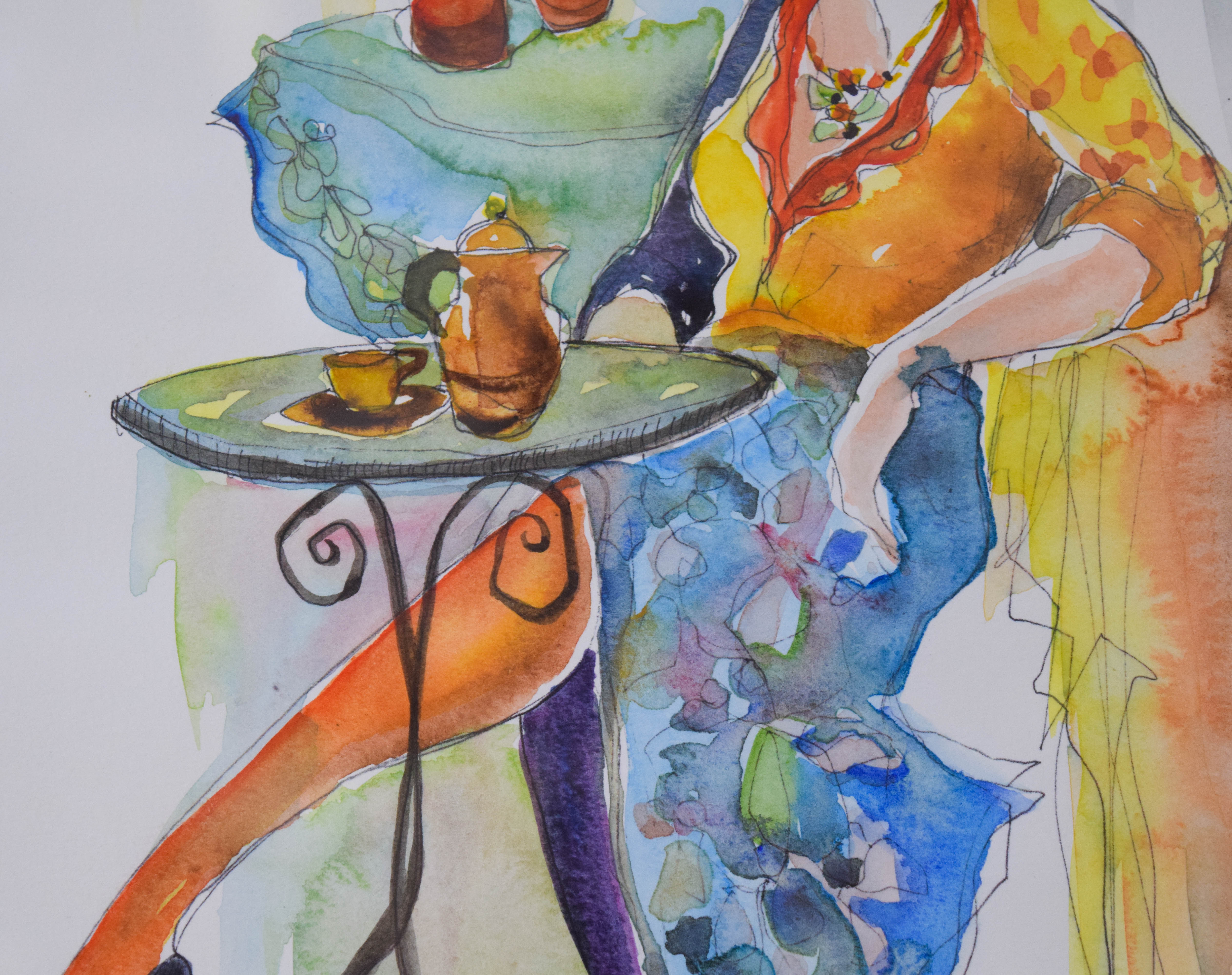 Itzchak Tarkay Watercolor Lady in Blue Skirt