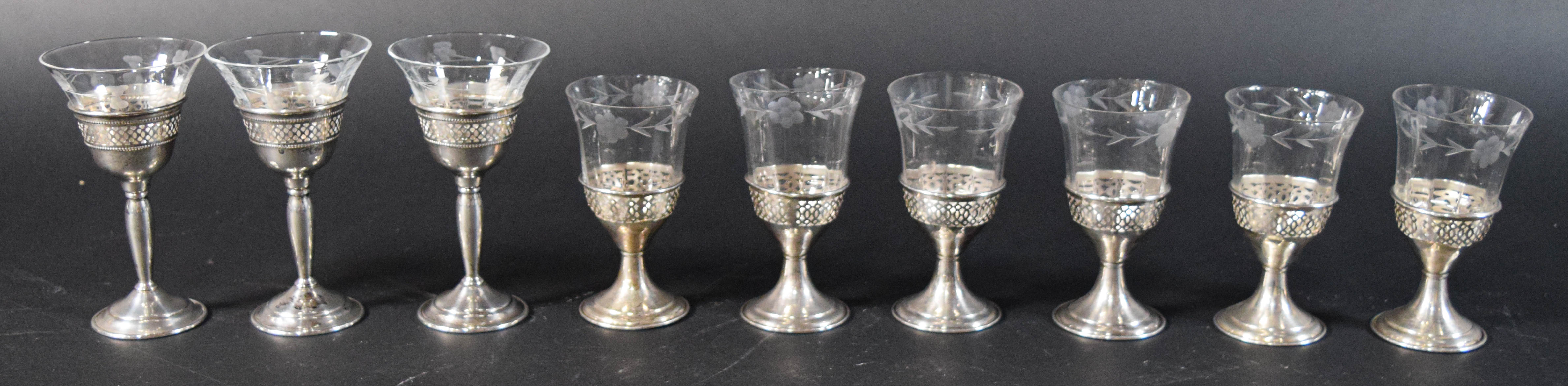 9 Pieces S.A. Schwarz Co. Sterling Silver and Etched Glass Stemware