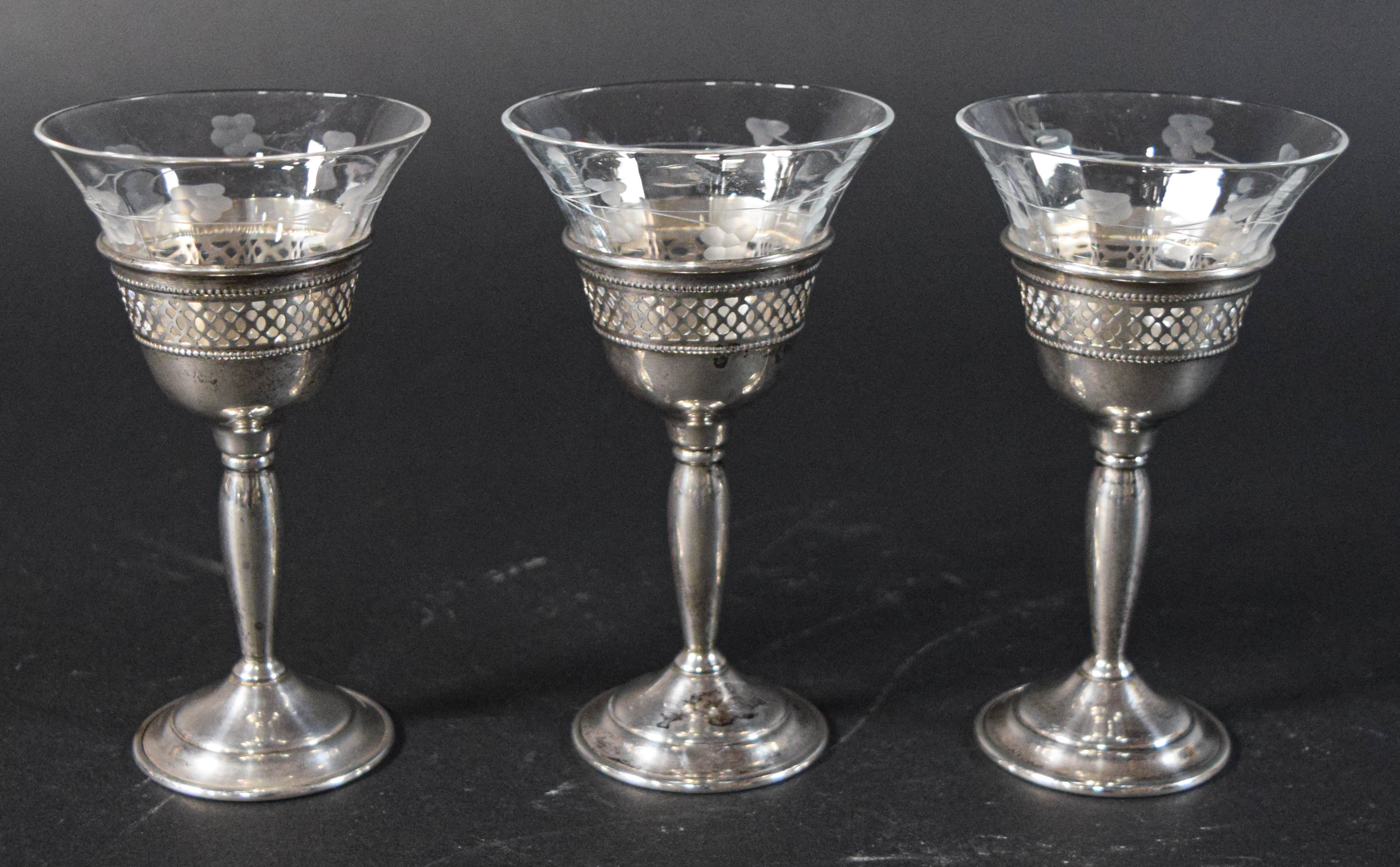 9 Pieces S.A. Schwarz Co. Sterling Silver and Etched Glass Stemware