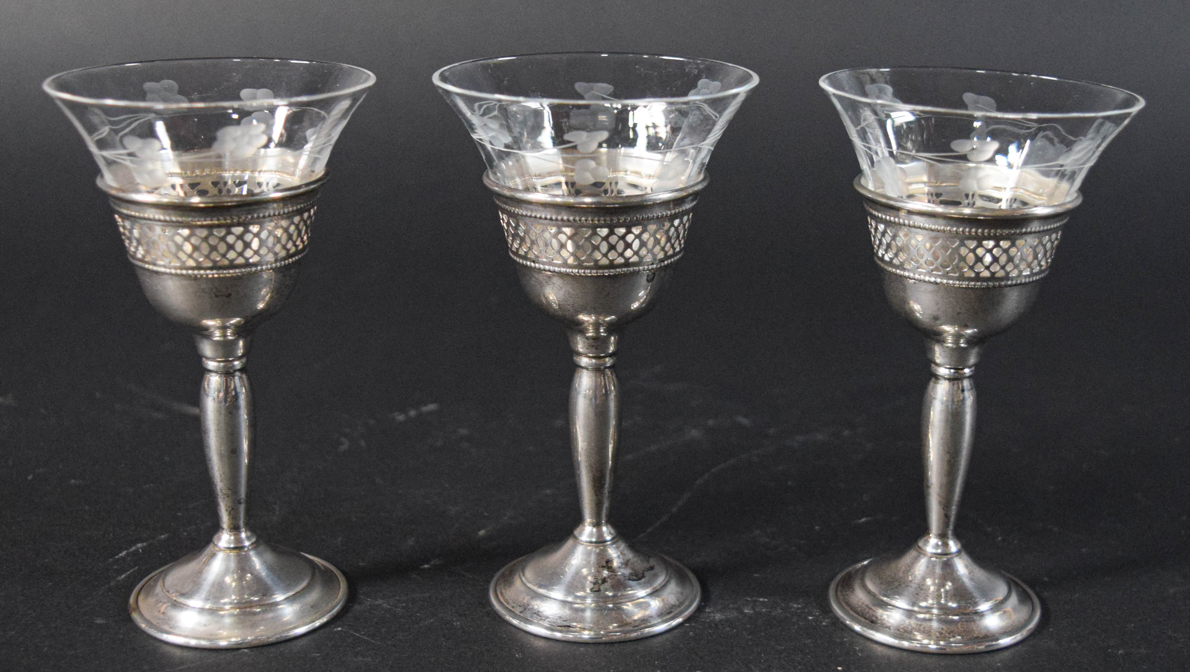 9 Pieces S.A. Schwarz Co. Sterling Silver and Etched Glass Stemware