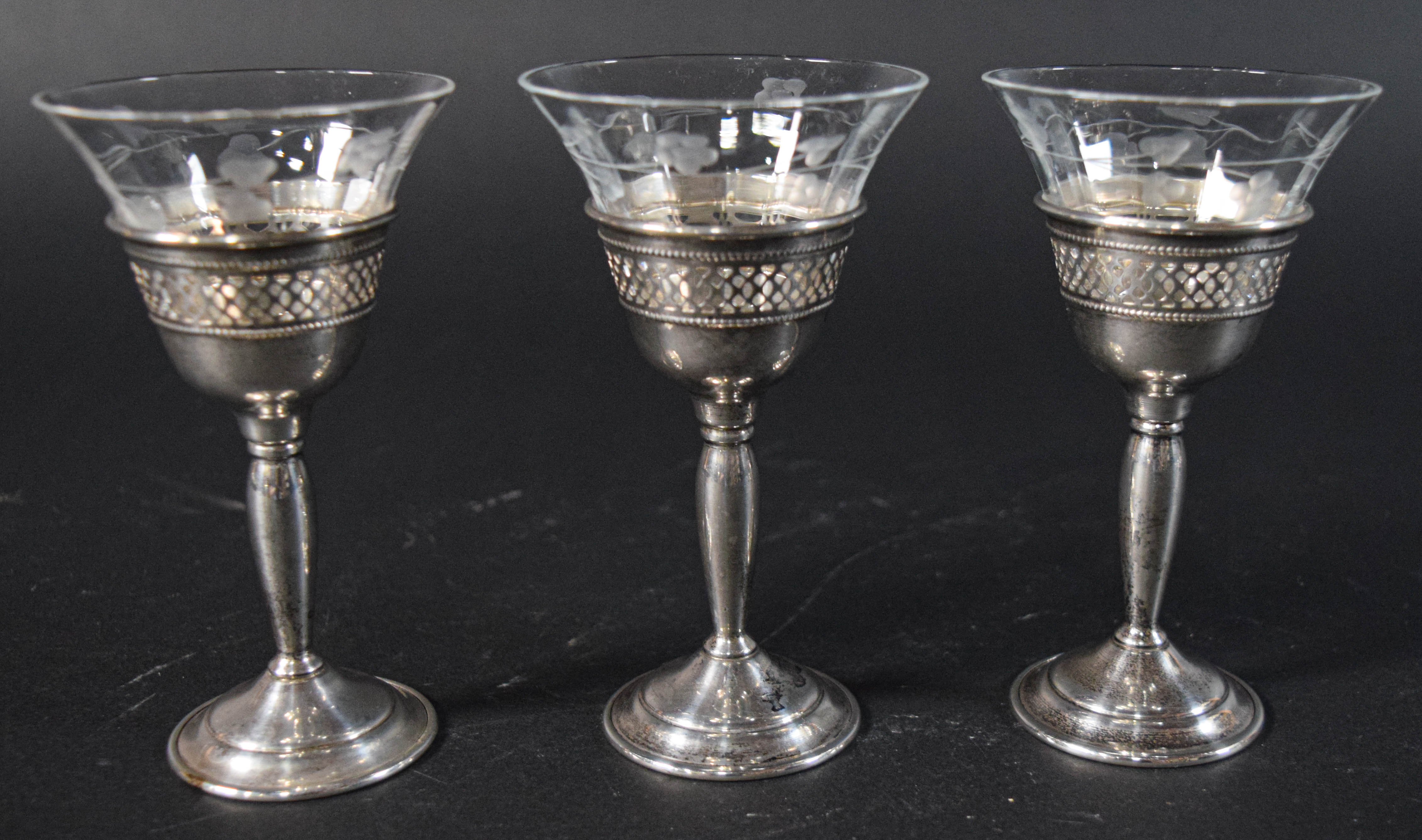 9 Pieces S.A. Schwarz Co. Sterling Silver and Etched Glass Stemware